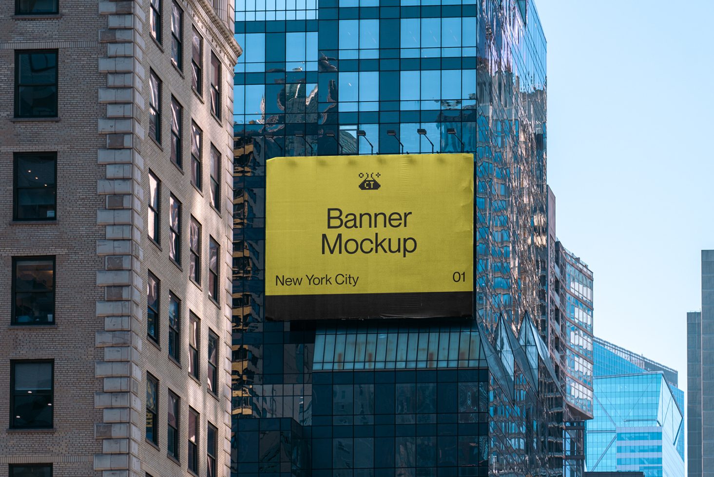 Urban banner mockup displayed on a building exterior for outdoor advertising design presentation, clear blue sky, city environment.